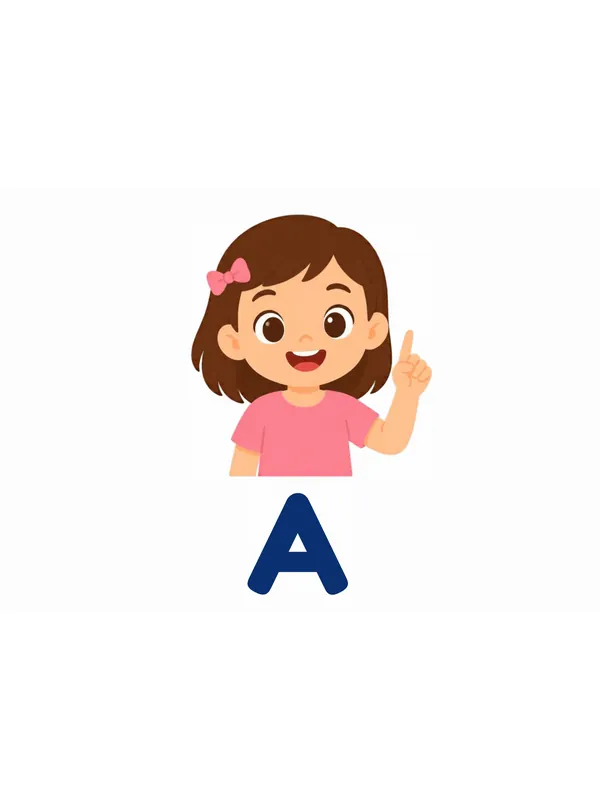 Sight word flashcard “a”: a smiling girl with a pink bow holds up one finger above a big letter, with the word A printed below.