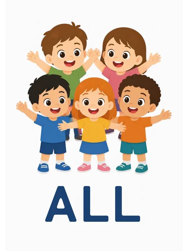 Sight word flashcard “all”: five cheering children crowd together with their arms in the air, with the word ALL printed below.