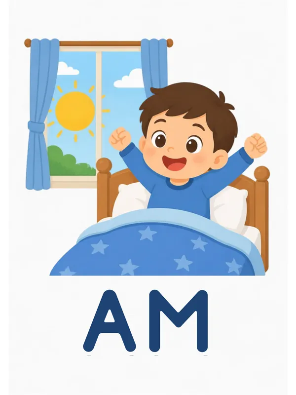 Sight word flashcard “am”: a boy sits up in bed, stretching his arms beside a sunny window, with the word AM printed below.