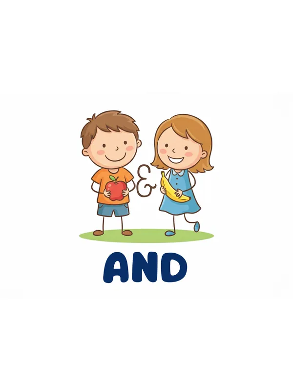 Sight word flashcard “and”: a boy and a girl stand side by side with a small & sign between them, with the word AND printed below.