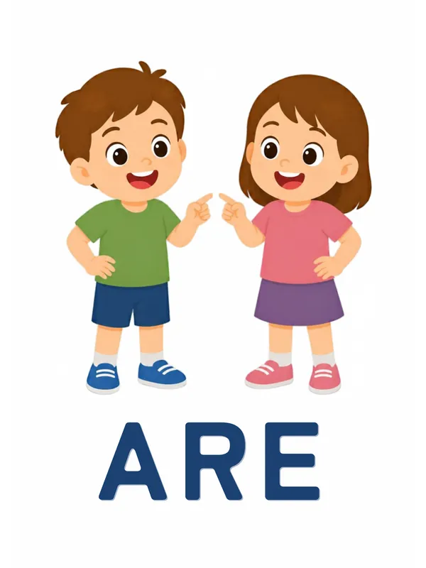 Sight word flashcard “are”: a boy and a girl stand together, each pointing to themselves and each other, with the word ARE printed below.