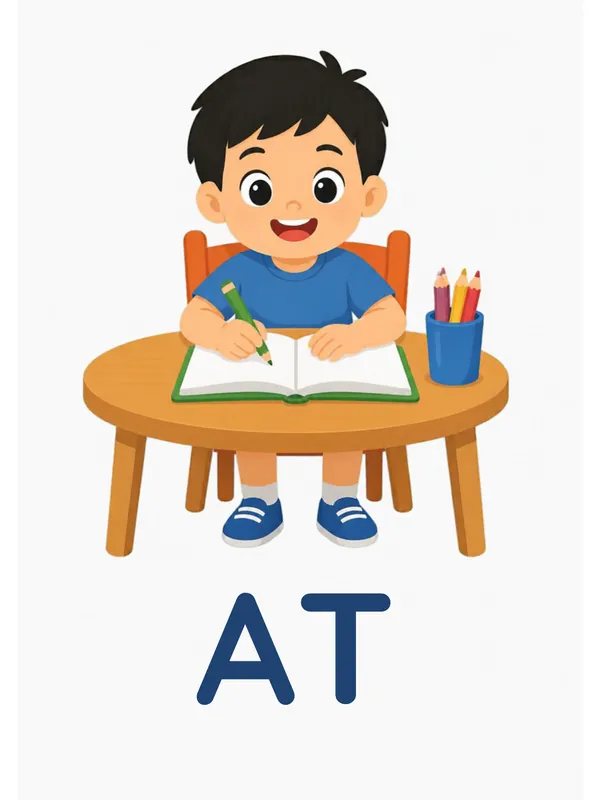Sight word flashcard “at”: a boy sits at a round table, drawing with a crayon, with the word AT printed below.