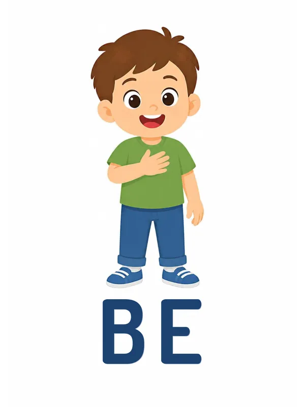 Sight word flashcard “be”: a boy stands tall with one hand on his chest, with the word BE printed below.