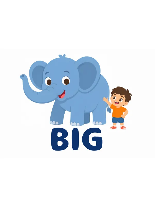Sight word flashcard “big”: a small boy stands beside an enormous blue elephant, with the word BIG printed below.