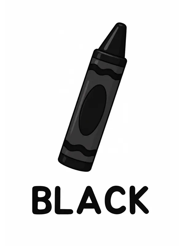 Sight word flashcard “black”: a single black wax crayon standing upright, with the word BLACK printed below.