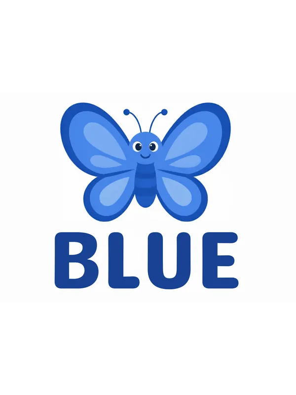 Sight word flashcard “blue”: a bright blue butterfly with its wings spread wide, with the word BLUE printed below.
