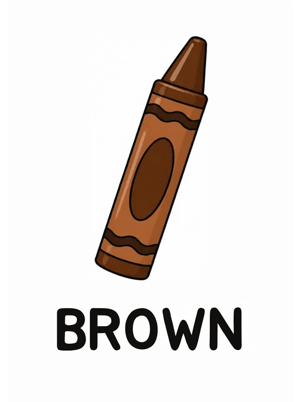 Sight word flashcard “brown”: a single brown wax crayon standing upright, with the word BROWN printed below.