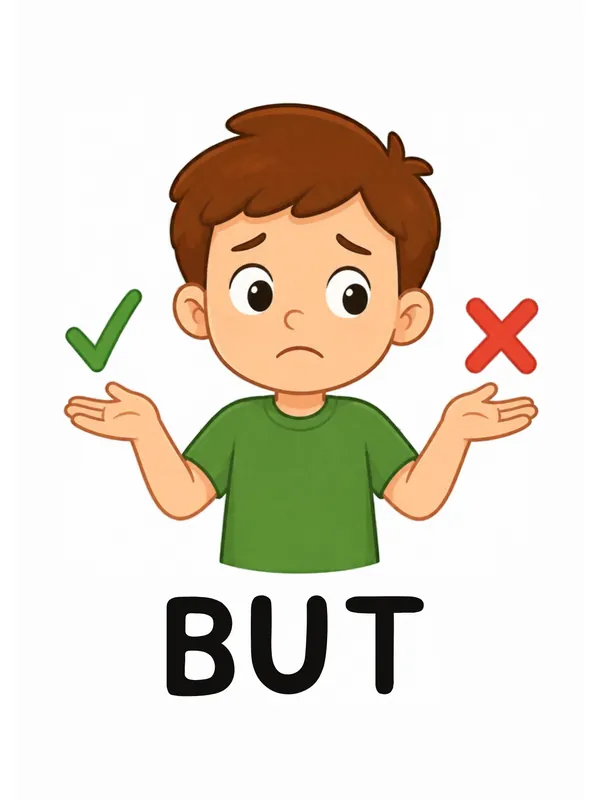 Sight word flashcard “but”: a puzzled boy holds out both hands, a tick on one side and a cross on the other, with the word BUT printed below.