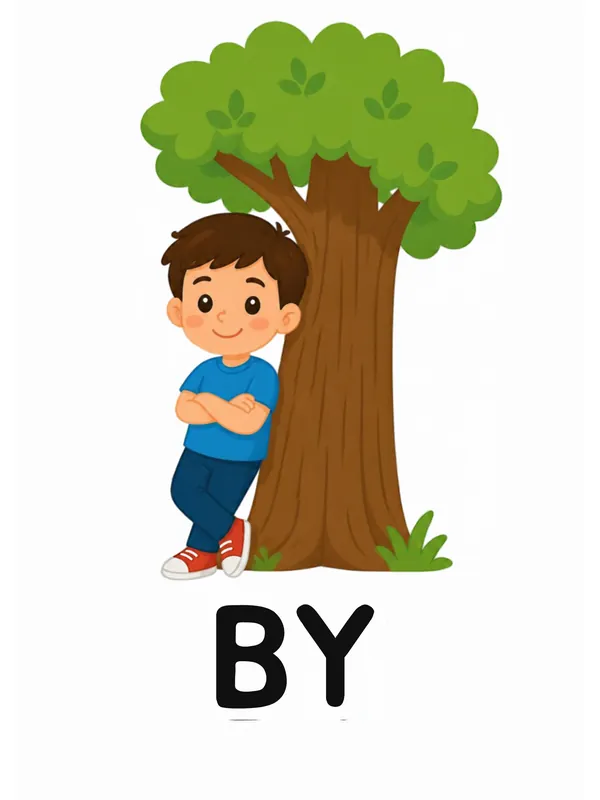 Sight word flashcard “by”: a boy leans against the trunk of a big leafy tree, with the word BY printed below.