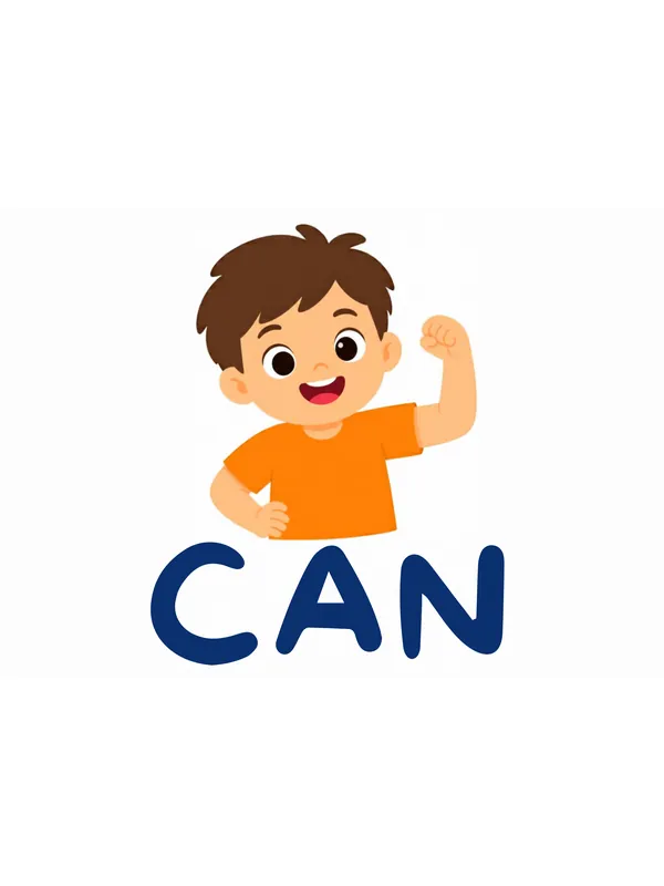 Sight word flashcard “can”: a boy flexes his arm to show how strong he is, with the word CAN printed below.