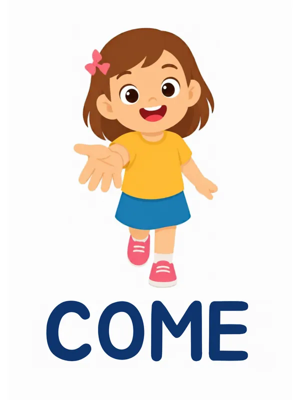 Sight word flashcard “come”: a girl with a pink bow waves with one open hand to invite you closer, with the word COME printed below.