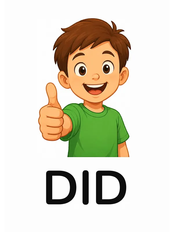Sight word flashcard “did”: a smiling boy holds up one thumb, with the word DID printed below.