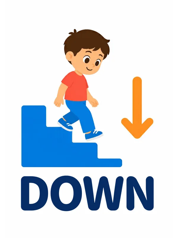 Sight word flashcard “down”: a boy steps down some blue stairs beside an orange arrow pointing down, with the word DOWN printed below.