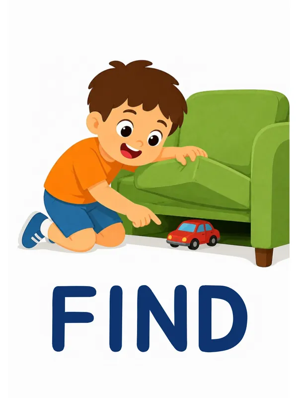 Sight word flashcard “find”: a boy kneels beside a green sofa to find a toy car underneath, with the word FIND printed below.