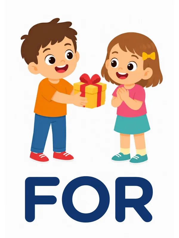 Sight word flashcard “for”: a boy hands a wrapped present to a smiling girl, with the word FOR printed below.