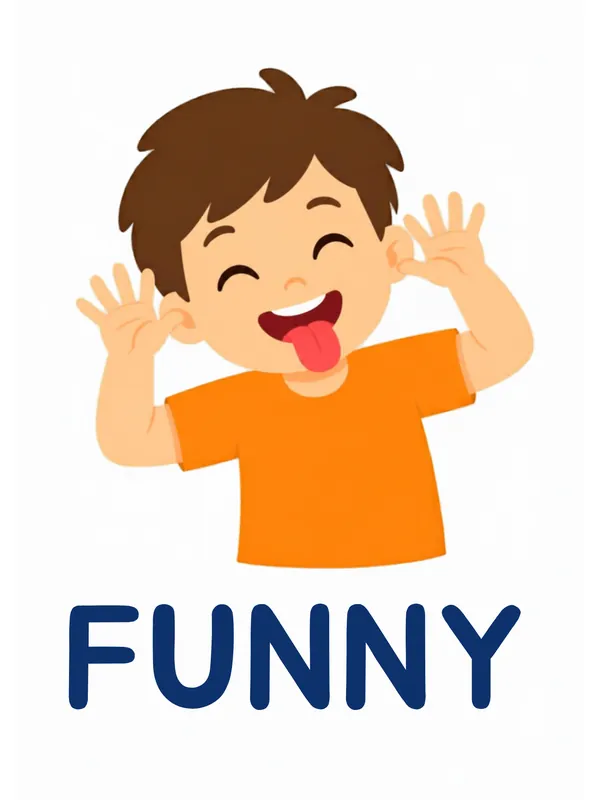 Sight word flashcard “funny”: a boy sticks out his tongue and wiggles his fingers beside his ears, with the word FUNNY printed below.