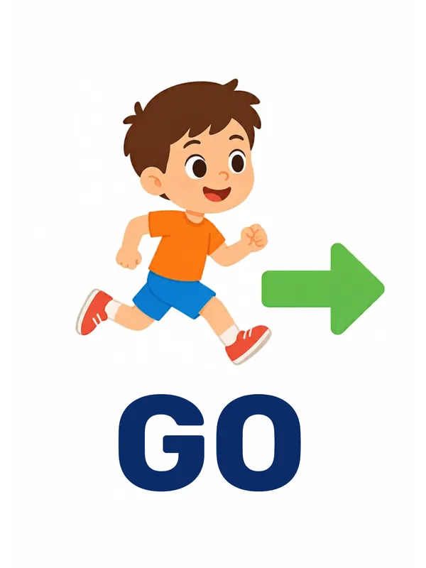 Sight word flashcard “go”: a boy runs beside a big green arrow pointing right, with the word GO printed below.