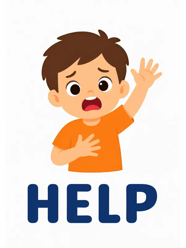 Sight word flashcard “help”: a worried boy waves one hand with the other on his chest, with the word HELP printed below.