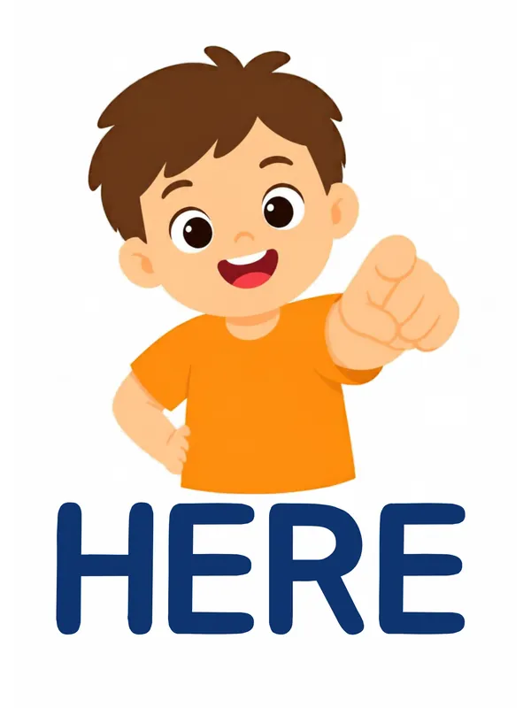 Sight word flashcard “here”: a boy points firmly down at the spot where he stands, with the word HERE printed below.