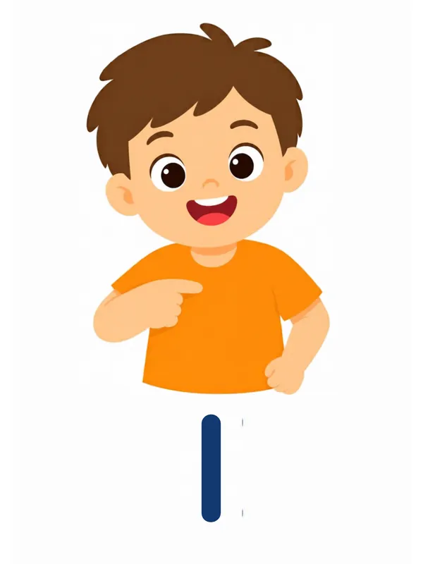 Sight word flashcard “I”: a boy points to himself with both hands, with the word I printed below.