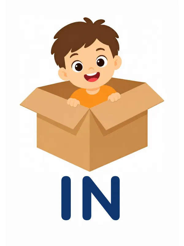 Sight word flashcard “in”: a boy peeks out from inside a cardboard box, with the word IN printed below.