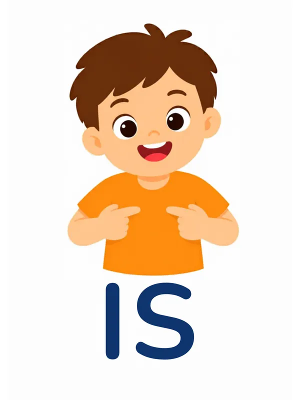 Sight word flashcard “is”: a smiling boy points toward himself with both hands, ready to share a fact, with the word IS printed below.