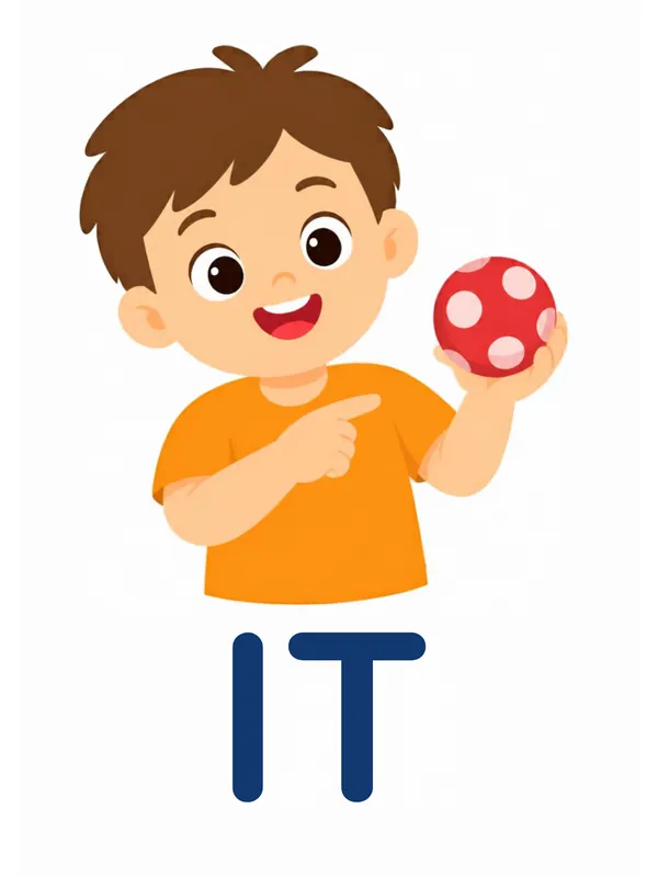 Sight word flashcard “it”: a boy points at a red spotted ball in his other hand, with the word IT printed below.