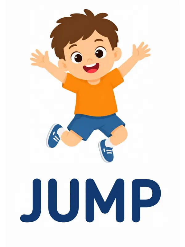 Sight word flashcard “jump”: a boy leaps through the air with his arms and legs flung wide, with the word JUMP printed below.