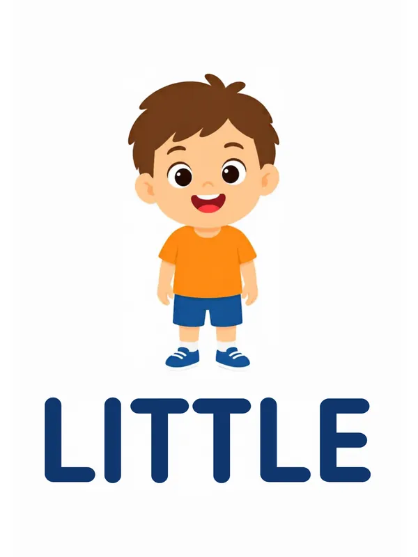 Sight word flashcard “little”: a very small boy stands alone surrounded by white space, with the word LITTLE printed below.