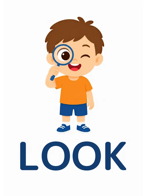 Sight word flashcard “look”: a boy winks through a magnifying glass, with the word LOOK printed below.