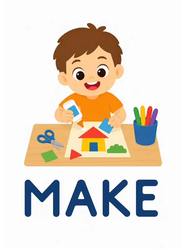 Sight word flashcard “make”: a boy cuts and glues paper at a craft table next to a coloured house, with the word MAKE printed below.