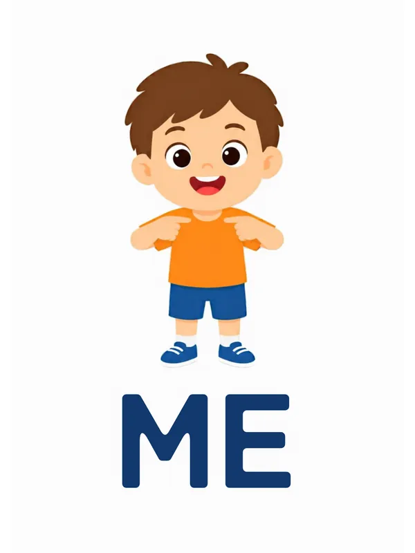 Sight word flashcard “me”: a boy crosses both hands to his chest, with the word ME printed below.