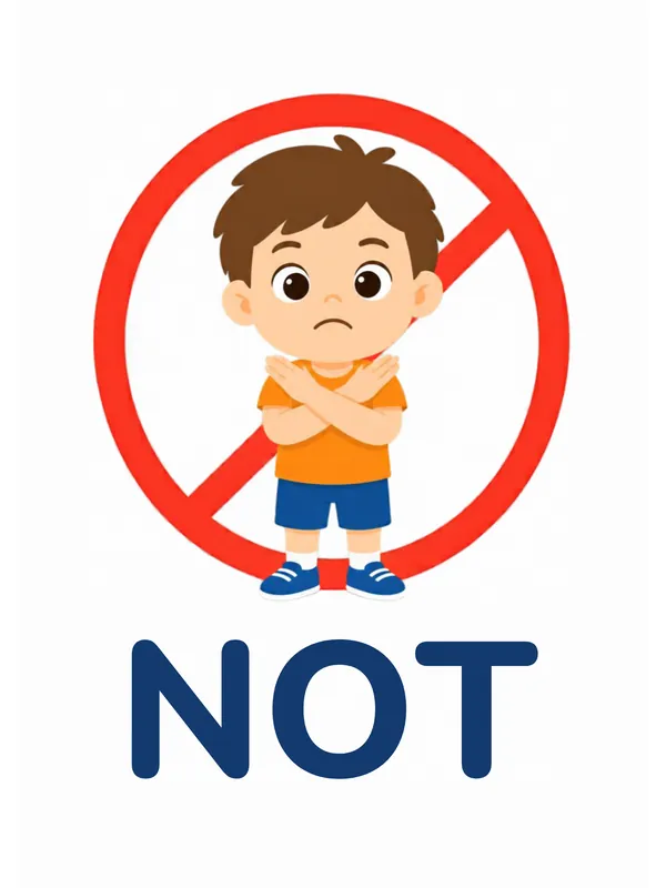 Sight word flashcard “not”: a boy with crossed arms stands inside a red circle with a line through it, with the word NOT printed below.