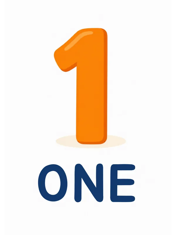 Sight word flashcard “one”: a big orange numeral 1 on a small patch of ground, with the word ONE printed below.