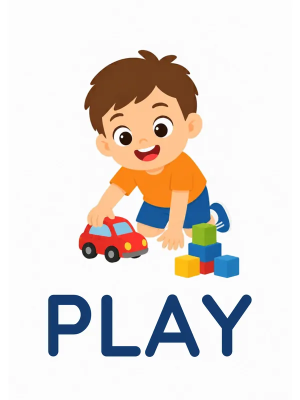 Sight word flashcard “play”: a boy plays on the floor with a toy car and wooden blocks, with the word PLAY printed below.