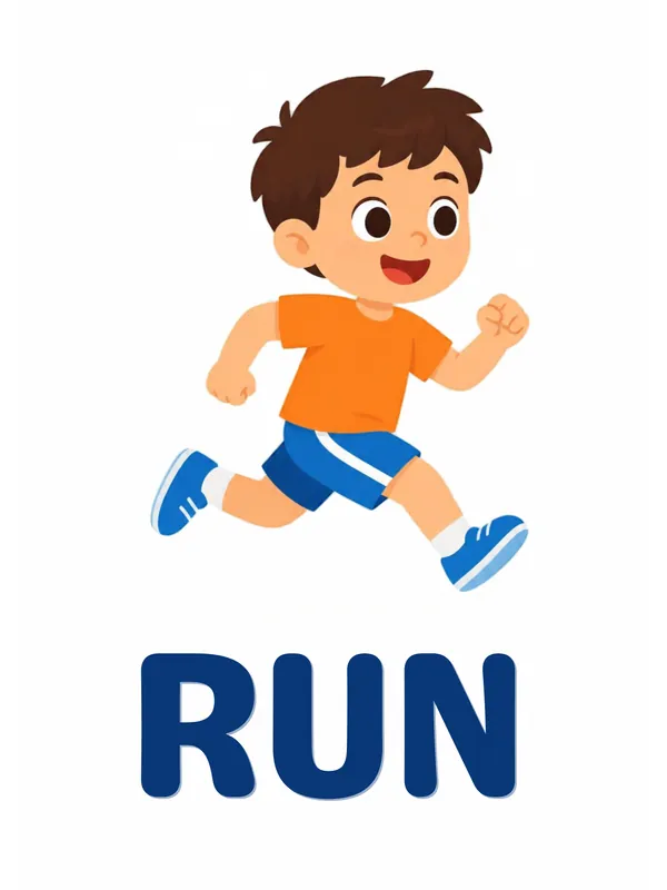 Sight word flashcard “run”: a boy runs in a full, energetic stride, with the word RUN printed below.