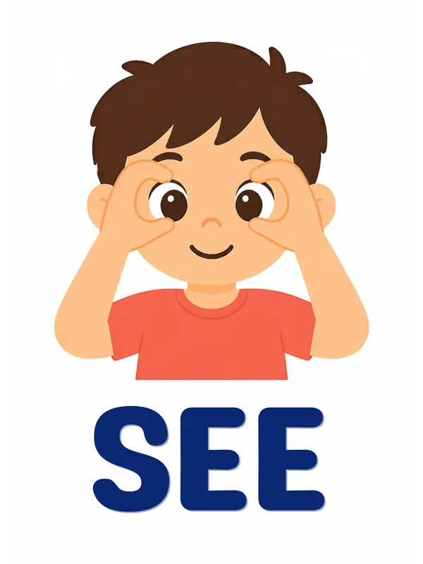 Sight word flashcard “see”: a close-up boy cups both hands around his eyes like binoculars, with the word SEE printed below.