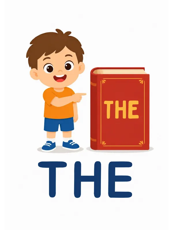 Sight word flashcard “the”: a boy points at a thick red book that has THE written on its cover, with the word THE printed below.