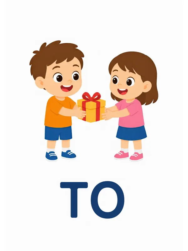 Sight word flashcard “to”: a boy gives a wrapped present to a smiling girl, with the word TO printed below.