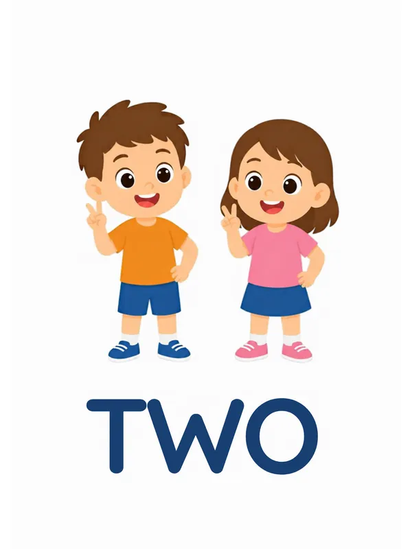 Sight word flashcard “two”: a boy and a girl stand together, each holding up two fingers, with the word TWO printed below.