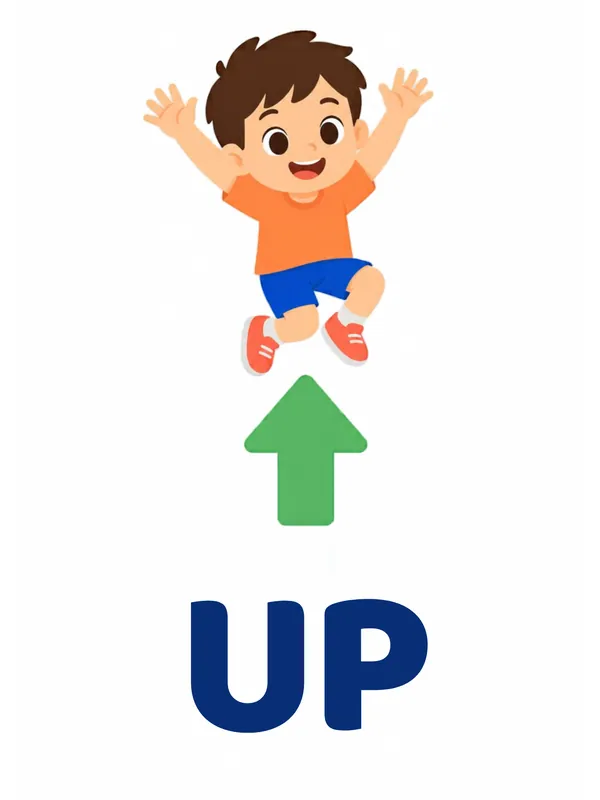 Sight word flashcard “up”: a boy leaps with his arms raised above a big green arrow pointing up, with the word UP printed below.