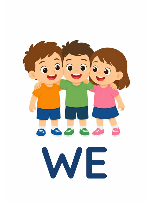 Sight word flashcard “we”: three children stand arm in arm, with the word WE printed below.
