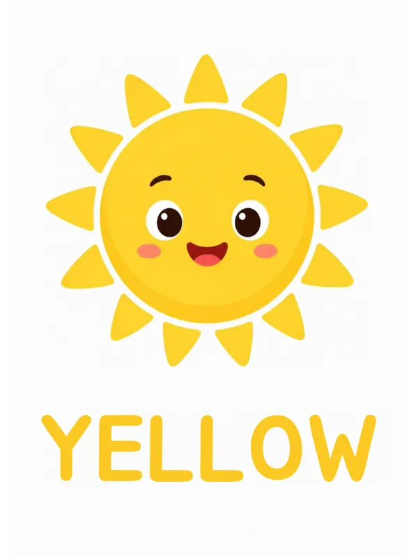 Sight word flashcard “yellow”: a smiling yellow sun with rays all around it, with the word YELLOW printed below.