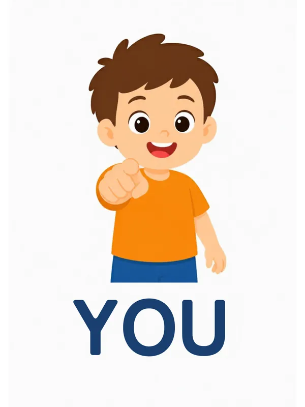 Sight word flashcard “you”: a boy points straight out at whoever is looking, with the word YOU printed below.